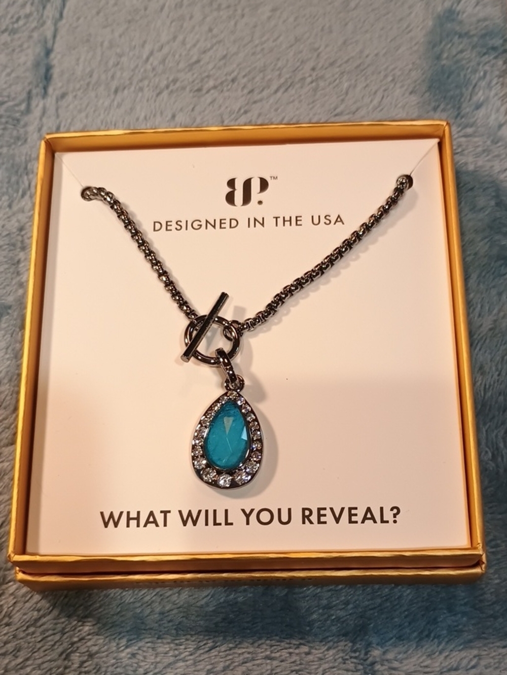 Bp Gem Society Teardrop Blue Pendant Necklace with Crystal Halo